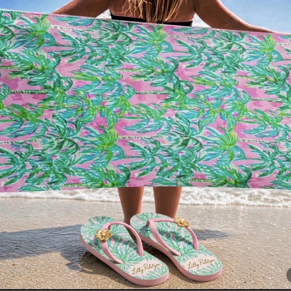 Lilly Pulitzer Pink and Green Palm Flip Flops with Matching Towel